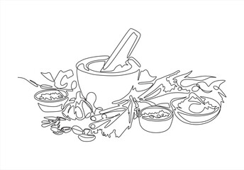 mortar with herbs on white background. continuous line draw design graphic vector illustration
