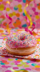 Delicious Pink Doughnut with Sprinkles on Colorful Napkin Surrounded by Vibrant Confetti and Streamers