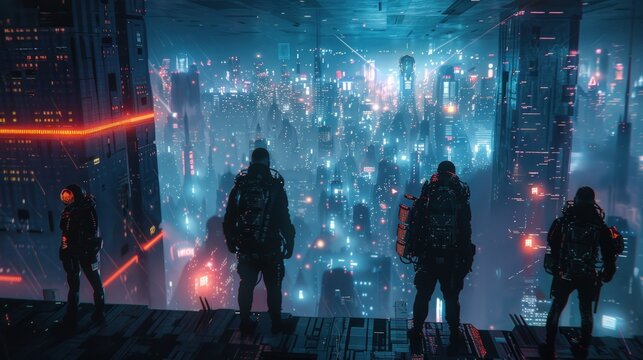 A group of four people are standing on a rooftop in a cityscape. Generate AI image