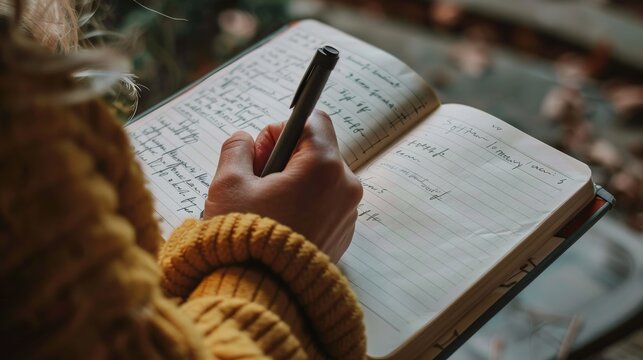 A woman’s hand writing in a journal, wearing a yellow knitted sweater. This image emphasizes personal reflection and the comfort of journaling in cozy surroundings.