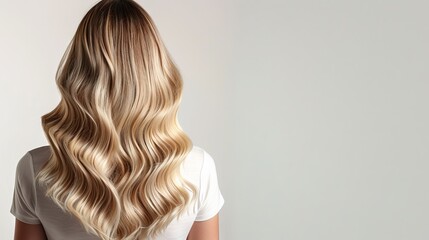Fototapeta premium Back View Of Woman With Long Wavy Blonde Hair