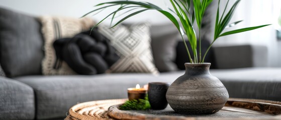  A potted plant atop a wooden table, beside a candle on a wooden tray