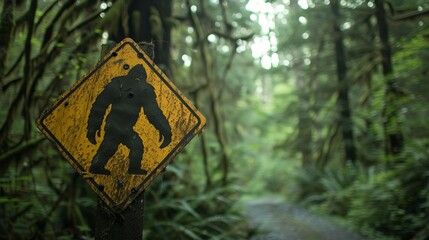 The image captures a rusty Bigfoot crossing sign attached to a tree amidst lush forest landscape, representing the myth and intrigue associated with Bigfoot sightings.