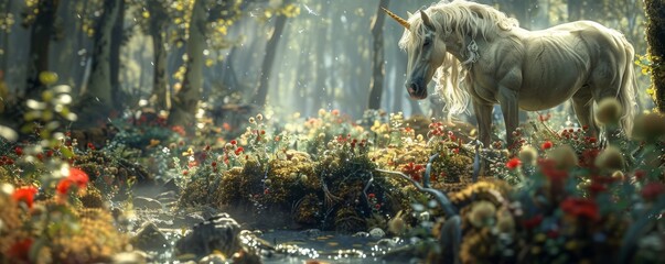 Mystical forest inhabited by fairies, unicorns, and fantastical creatures