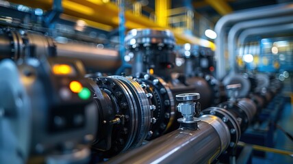 Fototapeta premium Close-up of modern industrial machinery and equipment in a factory setting, showcasing pipes, valves, and control panels in a focused view.
