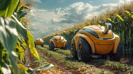 Autonomous agricultural robots efficiently harvest crops in a lush, green field under a partly cloudy sky, showcasing advanced farming technology.