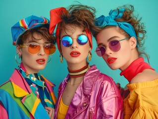 Trio of fashionable women in vibrant 1980s retro outfits and accessories with neon colors on teal background highlighting bold fashion trends