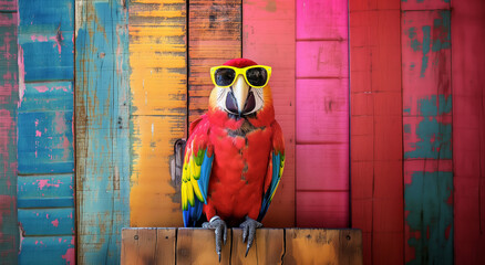 A parrot wearing yellow sunglasses perched against a vibrant multicolored wooden backdrop, showcasing a fun and colorful tropical vibe with its bright and cheerful appearance