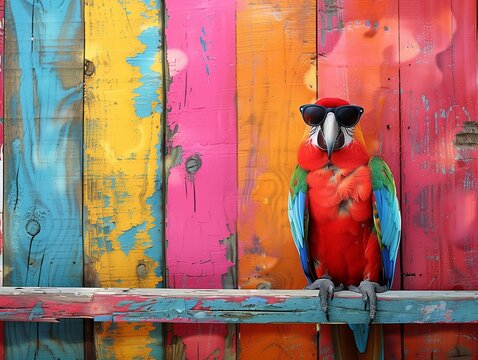 A parrot wearing sunglasses perched against a bright multicolored wooden background, showcasing a fun tropical and lively scene with vivid colors and playful vibes