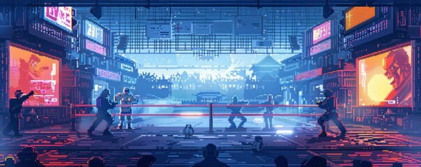 A pixel art rendition of a pixelated video game competition, with pixelated players battling it out on pixelated screens, their pixelated avatars displaying pixelated skills.