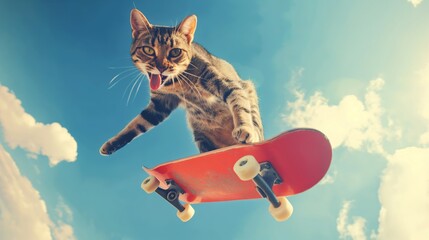 A playful tabby cat skateboarding in midair with its tongue out and a joyful expression against a blue sky capturing a lively and whimsical moment