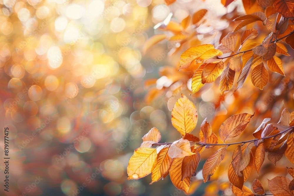 Poster close-up view of golden leaves on a branch with warm sunlight filtering through the foliage, creatin