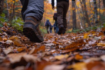 Hikers traverse a winding trail in an autumn forest, leaves crunching underfoot as they make their way through the colorful woodland