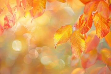 Golden and orange leaves hang from a branch, bathed in warm sunlight with a soft focus background