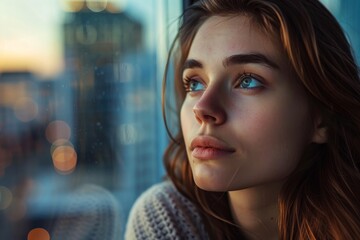 Fototapeta premium A young woman with long brown hair stares out of a window at a blurred cityscape. The warm glow of the city lights reflects in her blue eyes as she contemplates the view