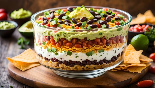 Homemade Mexican 7 Layer Dip with Beans, Sour Cream and Guacamole
