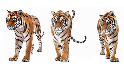 Three tigers are captured in a photograph while standing in various poses, displaying unique expressions and body language, highlighting their majestic nature.