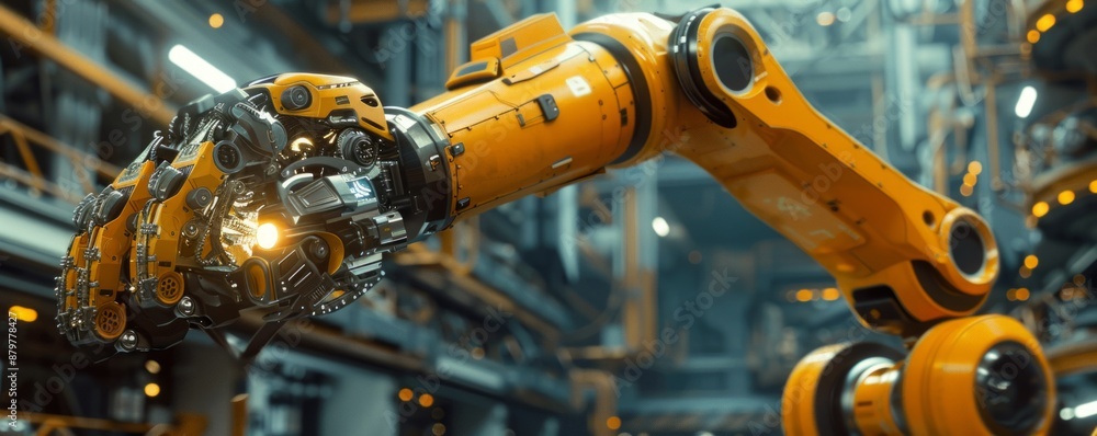 Poster a robot arm assembling a complex piece of machinery, its movements precise and efficient.