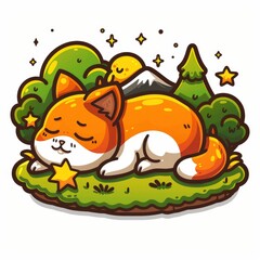  cute rabbit and stars logo sticker, Sticker, outline, vector, night garden, simple, white, yellow, kawaii