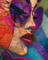 Obraz premium Close-up of colorful abstract artwork featuring a face with vibrant hues and intricate details, creating a modern, artistic expression.