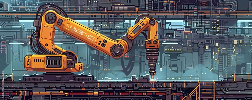Poster a pixel art illustration of a robot arm assembling a complex machine, its precise movements demonstr