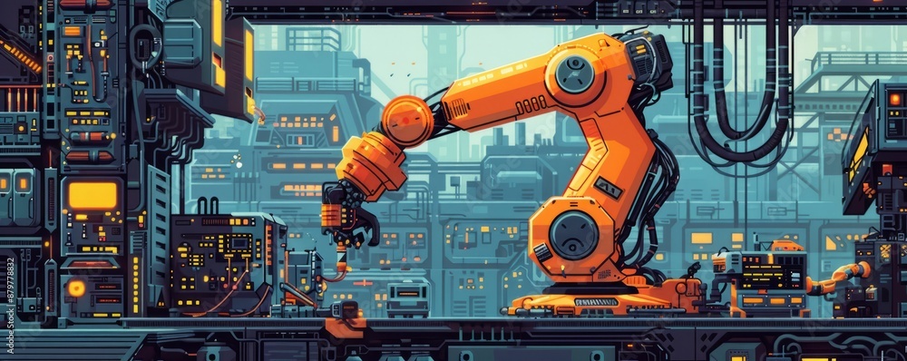 Wall mural A pixel art illustration of a robot arm assembling a complex machine, its precise movements demonstrating the wonders of automation.