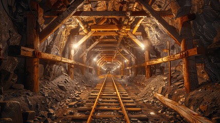 A well-lit underground mining tunnel with wooden supports and rail tracks leading into the distance, showcasing industrial architecture.