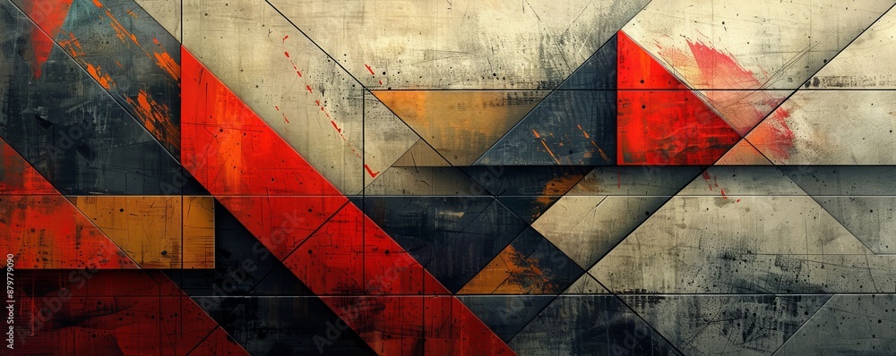 Poster a series of geometric shapes overlapping and intersecting, creating a sense of movement and dynamism