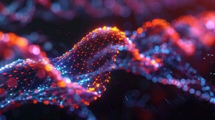 Abstract visualization of a digital wave. Bright, colorful dots and lines create a dynamic, futuristic flow pattern in vibrant red and blue hues.