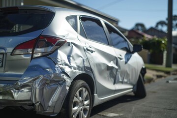 Fototapeta premium Damaged Silver Hatchback After Road Accident on Suburban Street with Bright Midday Sky