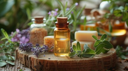 Aromatic essential oil bottles and natural soap on wooden surface with fresh herbs and flowers in the background. Spa and wellness concept.