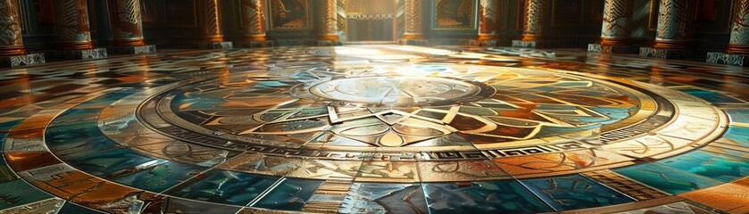 Intricate mosaic floor in a grand hall, illuminated by natural light through tall windows, emphasizing the detailed patterns and historical ambiance.