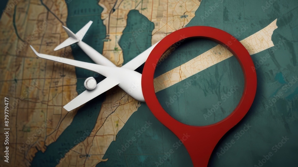 Poster a symbol that combines a map marker with an airplane image. this symbol is often used to represent a