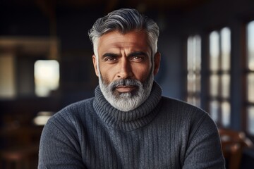 Obraz premium Portrait of a tender indian man in his 50s showing off a thermal merino wool top isolated in scandinavian-style interior background