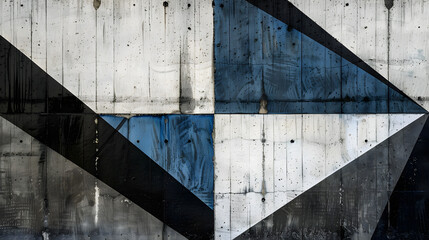 Fototapeta premium Stark geometric abstract with black and white textures, accented by blue splashes on a textured angular backdrop.