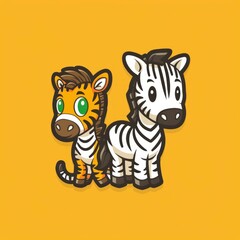  cute tiger and zebra logo sticker, Sticker, outline, vector, savannah, simple, orange, black, kawaii