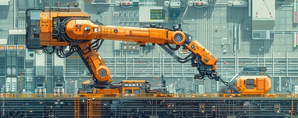 Aufkleber a pixel art rendition of a pixelated robot arm assembling pixelated components, its pixelated moveme