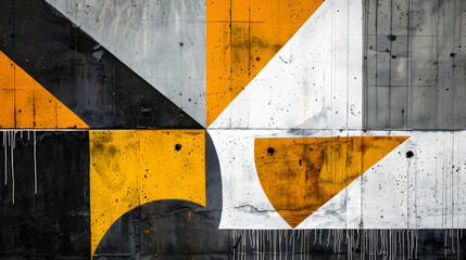 Naklejka premium Geometric abstract in black and white with textured details and yellow accents, showcasing stark contrasts and yellow splashes over an angular backdrop.