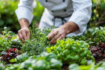 Chef harvesting fresh herbs in garden, close-up of hands gathering organic ingredients outdoors for culinary use.