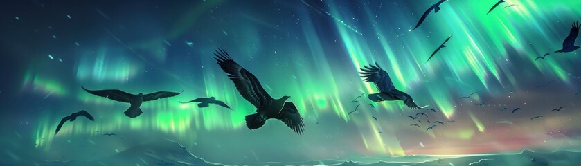 Fototapeta premium Realistic birds soaring amidst the northern lights, vibrant aurora and detailed feathers, highly detailed scene
