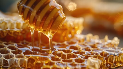 Close-up of honey dripping from a honey dipper onto fresh honeycomb. Golden liquid sweetener oozing naturally from a beehive.