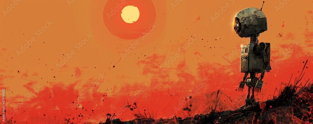 Poster a robot exploring a desolate alien world, its curiosity and resilience guiding its path.