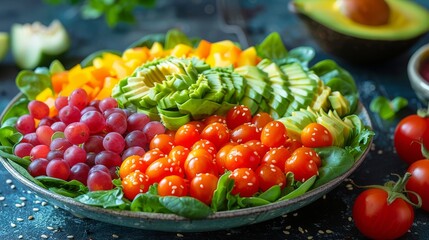 Colorful fresh fruit and vegetable platter with grapes, cherry tomatoes, bell pepper, and avocado on a bed of spinach leaves.