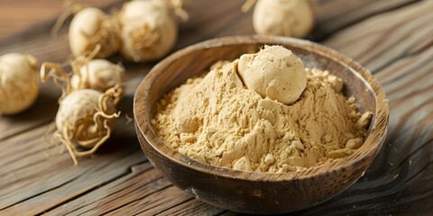 Fototapeta premium Benefits of Using Medicinal Peruvian Maca Root Powder for Nutritional Supplementation. Concept Natural Energy Boost, Hormone Balance, Enhanced Mood, Improved Libido, Rich in Nutrients