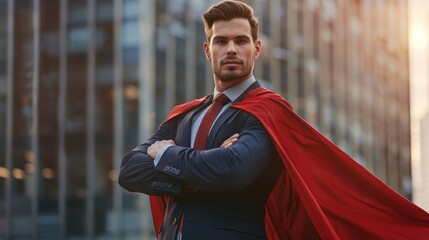 Confident businessman in a red superhero cape standing with arms crossed in front of a modern office building at sunset.