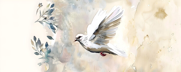 Obraz premium A watercolor painting of a flying white dove with floral elements in soft pastel colors. Ideal for wedding invitations, greeting cards, confirmations. Has copy space.