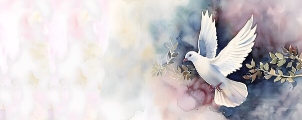 Watercolor dove with floral elements, ideal for celebration invitations or greeting cards with pastel colors and copy space.