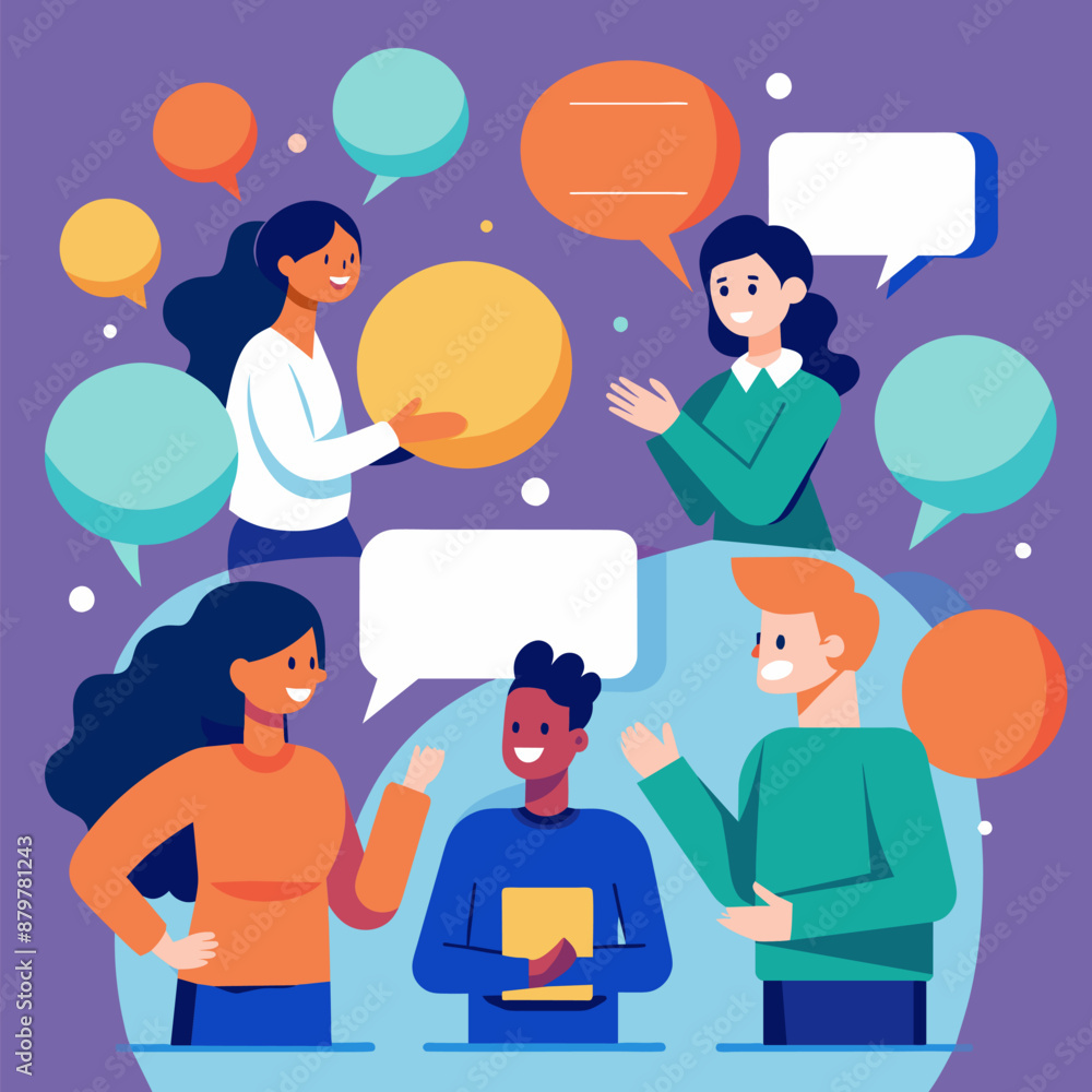 Poster characters conversation concept with people and speech bubbles. colleagues discuss business informat