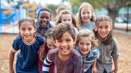 Obraz premium Happy Diverse Group of Children Playing in Schoolyard