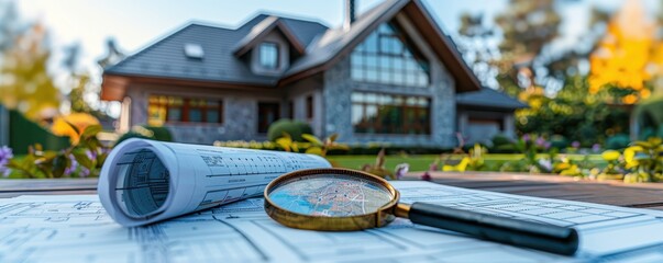 Detailed architectural blueprint with a magnifying glass, set against a background of a beautiful house under construction, highlighting home design.